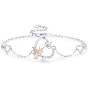 Hummingbird Bracelet 925 Sterling Silver Heart Flower Hummingbird Bracelet Flower Bird Adjustable Bracelet Animal Bracelet Hummingbird Jewelry for Women Birthday Hummingbirds Gifts
