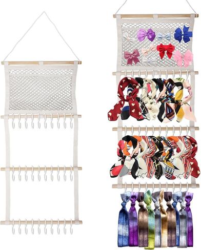 منظم القوس للفتيات فيونكات الشعر حامل عصابة الرأس للفتيات الصغيرات مع حقيبة شبكية شماعة القوس لغرفة الحضانة ديكور بوهو مشبك مخلب سكرانشي إكسسوارات الشعر ملحقات الحائط خزانة تخزين رف التعليق in Kuwait