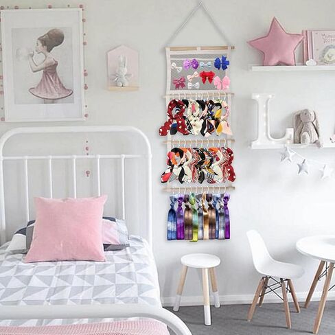 منظم القوس للفتيات فيونكات الشعر حامل عصابة الرأس للفتيات الصغيرات مع حقيبة شبكية شماعة القوس لغرفة الحضانة ديكور بوهو مشبك مخلب سكرانشي إكسسوارات الشعر ملحقات الحائط خزانة تخزين رف التعليق in Kuwait