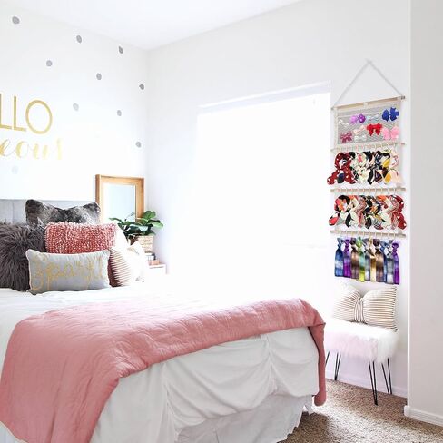 منظم القوس للفتيات فيونكات الشعر حامل عصابة الرأس للفتيات الصغيرات مع حقيبة شبكية شماعة القوس لغرفة الحضانة ديكور بوهو مشبك مخلب سكرانشي إكسسوارات الشعر ملحقات الحائط خزانة تخزين رف التعليق in Kuwait