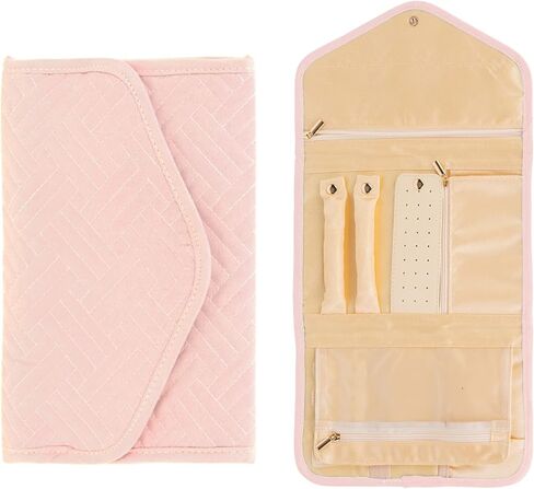 حقيبة مجوهرات للسفر للنساء والفتيات، منظم تخزين المجوهرات المحمول، بكرة عرض صغيرة قابلة للطي للخواتم والأقراط والقلائد والأساور (وردي) in Kuwait