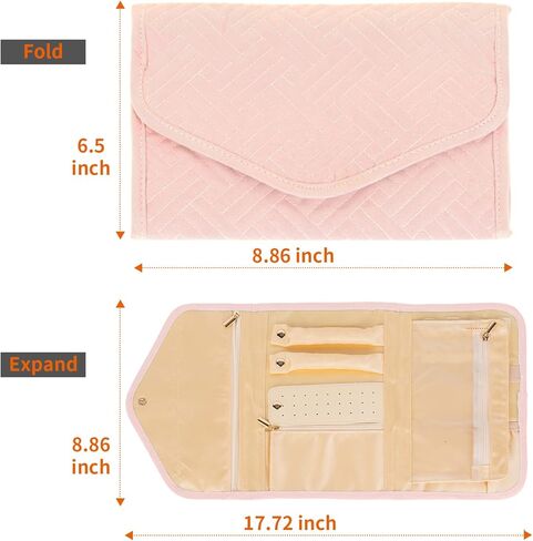 حقيبة مجوهرات للسفر للنساء والفتيات، منظم تخزين المجوهرات المحمول، بكرة عرض صغيرة قابلة للطي للخواتم والأقراط والقلائد والأساور (وردي) in Kuwait