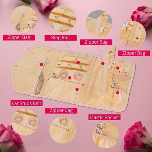 حقيبة مجوهرات للسفر للنساء والفتيات، منظم تخزين المجوهرات المحمول، بكرة عرض صغيرة قابلة للطي للخواتم والأقراط والقلائد والأساور (وردي) in Kuwait