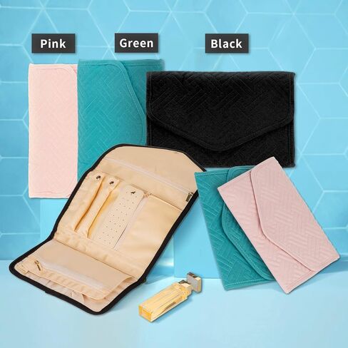 حقيبة مجوهرات للسفر للنساء والفتيات، منظم تخزين المجوهرات المحمول، بكرة عرض صغيرة قابلة للطي للخواتم والأقراط والقلائد والأساور (وردي) in Kuwait