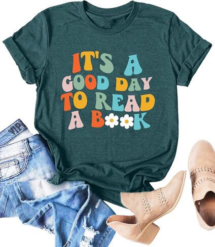 Book Lover Shirts Women It's a Good Day to Read a Book Funny Graphic Print Teacher Tee Tops Bookworm Reading T-Shirt in Saudi Arabia
