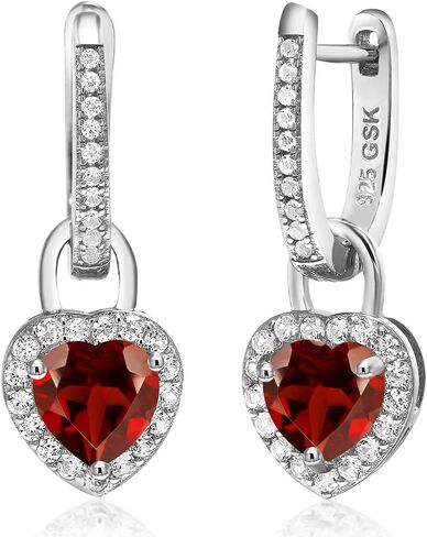 Gem Stone King 925 Sterling Silver Red Garnet and White Created Sapphire Dangle Earrings For Women (2.30 Cttw, Gemstone January Birthstone, Heart Shape 6MM) in Saudi Arabia