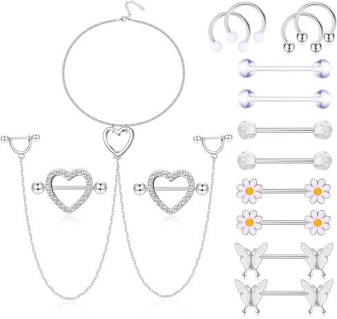 Sllaiss 8 أزواج 14G حلقات للحلمات من الفولاذ للنساء حلقة الحلمة الفولاذية الجراحية مع قلادة قلادة الحديد ثقب الحلمة مجموعة مجوهرات in Kuwait