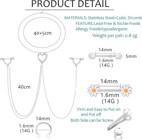 Sllaiss 8 أزواج 14G حلقات للحلمات من الفولاذ للنساء حلقة الحلمة الفولاذية الجراحية مع قلادة قلادة الحديد ثقب الحلمة مجموعة مجوهرات in Kuwait