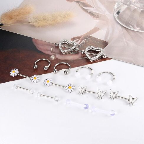 Sllaiss 8 أزواج 14G حلقات للحلمات من الفولاذ للنساء حلقة الحلمة الفولاذية الجراحية مع قلادة قلادة الحديد ثقب الحلمة مجموعة مجوهرات in Kuwait