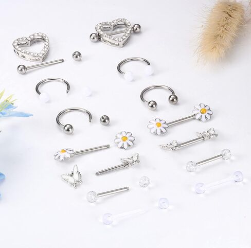 Sllaiss 8 أزواج 14G حلقات للحلمات من الفولاذ للنساء حلقة الحلمة الفولاذية الجراحية مع قلادة قلادة الحديد ثقب الحلمة مجموعة مجوهرات in Kuwait