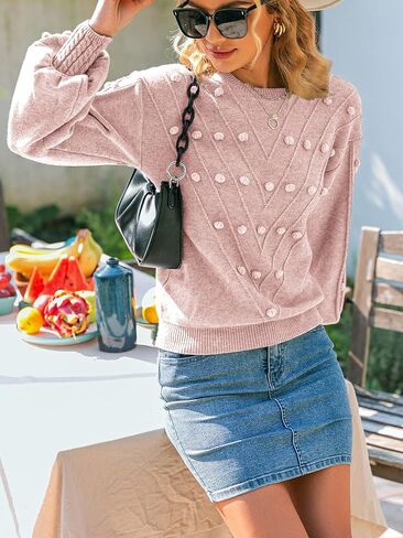 Simplee Women’s Sweater Crew Neck Long Lantern Sleeve Chunky Knit Pullover Sweater Casual Solid Color Tops Jumper in Saudi Arabia