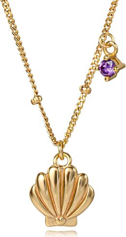 ديزني عقد ذا ليتل ميرميد 16 انش + 2 انش - قلادة صدفة مطلية بالفضة الاسترلينية مطلية بالذهب الاصفر مع حلية زركونيا مكعب ارجواني للنساء، فضة ستيرلينج، زركونيا مكعب, فضة استرلينية, مكعب زركونيا in Kuwait