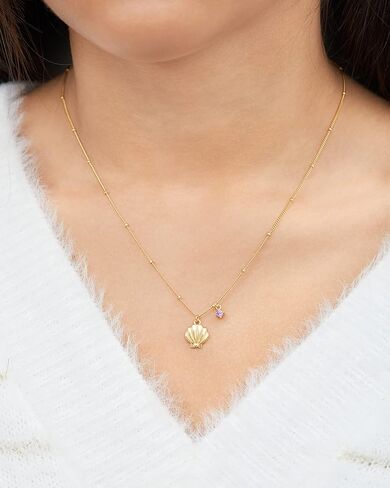 ديزني عقد ذا ليتل ميرميد 16 انش + 2 انش - قلادة صدفة مطلية بالفضة الاسترلينية مطلية بالذهب الاصفر مع حلية زركونيا مكعب ارجواني للنساء، فضة ستيرلينج، زركونيا مكعب, فضة استرلينية, مكعب زركونيا in Kuwait