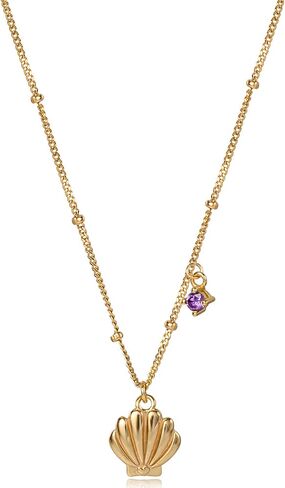 ديزني عقد ذا ليتل ميرميد 16 انش + 2 انش - قلادة صدفة مطلية بالفضة الاسترلينية مطلية بالذهب الاصفر مع حلية زركونيا مكعب ارجواني للنساء، فضة ستيرلينج، زركونيا مكعب, فضة استرلينية, مكعب زركونيا in Kuwait