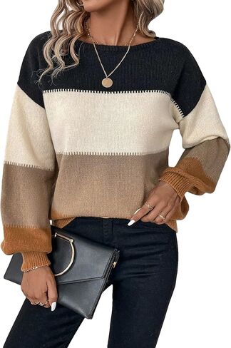 COZYEASE Women's Color Block Long Sleeve Knitted Sweater Boat Neck Loose Fit Pullovers Top in Saudi Arabia