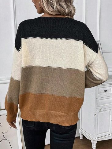 COZYEASE Women's Color Block Long Sleeve Knitted Sweater Boat Neck Loose Fit Pullovers Top in Saudi Arabia