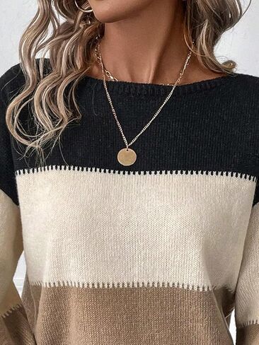 COZYEASE Women's Color Block Long Sleeve Knitted Sweater Boat Neck Loose Fit Pullovers Top in Saudi Arabia
