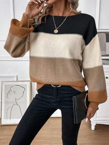 COZYEASE Women's Color Block Long Sleeve Knitted Sweater Boat Neck Loose Fit Pullovers Top in Saudi Arabia