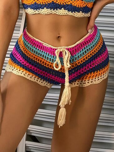 Verdusa Women's Striped Knitted Tie Front Swimsuit Crochet Cover Up Shorts in Saudi Arabia