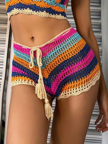 Verdusa Women's Striped Knitted Tie Front Swimsuit Crochet Cover Up Shorts in Saudi Arabia