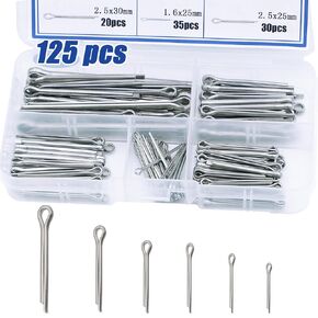 125pcs Cotter Pin Assortment Kit, 6 Sizes 304 Stainless Steel Cotter Pins Set, Split Pin Fastener Clips for Car Mechanics, Lawn Mowers, Trucks, Tractors Repair