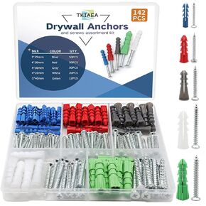 Drywall Anchors and Screws Kit 142Pcs, Wall Anchors, Drywall Screws, Including 5 Different Sizes Screws and Anchors, Wall Anchors and Screws for Drywall