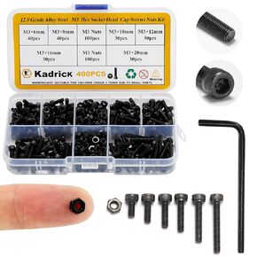 Small Metric Screws Suitable for 3D Printer DIY, 400 Pcs M3 Screw and Nut Assortment Hex Socket Head Cap, 12.9 Grade Alloy Steel,Black Zinc Plated