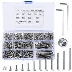 440 Pcs M3 Small Metric Screws with Nuts, Hex Socket Head Cap and Nut Assortment Kits, Stainless Steel Replacement Machine Fastener Screws and Bolts Nuts (Silver)