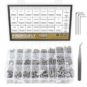 1504 Pieces Socket Head Cap Screws Nuts Washers Kit, Kindroufly M2 M3 M4 Screw Assortment Kit, Metric Screw Set, Bolts and Nuts, Machine Screws, 304 Stainless Steel, Fully Machine Thread, Silver