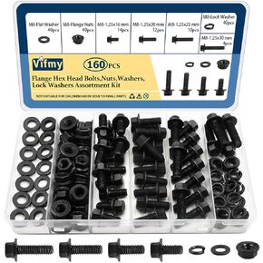 M6-1.0 x 12/16/20/25/30mm Flange Hex Head Bolts Assortment Kit (240 Pack) with Serrated Flange Nuts,Washers & Lock Spring Washers,Hex Head Screw,Alloy Steel Black Oxide Finish Plated Full Thread