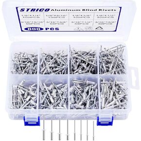 600Pcs Pop Rivets Assortment Kit, 8 Sizes Aluminum Rivets (1/8"X1/4", 5/16", 3/8", 1/2"; 3/16"X5/16", 3/8", 1/2", 5/8"), Assorted Blind Rivets with Reinforced Divider Case