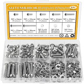 216 Pieces M5 Machine Screws Nuts Washers Set, Sutemribor M5 x 6/8/12/16/20/25/30mm Phillips Pan Head Machine Screws Nuts Washers Assortment Kit, 304 Stainless Steel, Fully Threaded