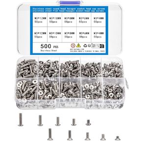 500pcs Metric Machine Screw Assortment Kit, Include 250pcs Hex Button Head Cap Screws Bolts, 250pcs Hex Socket Flat Head Screws Bolts, M3 Stainless Steel Hex Socket Head Screws Bolts