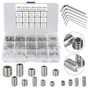 340Pcs M2.5, M3, M4, M5, M6, M8 Metric Hex Socket Head Cup Point Set Screws, Allen Head Grub Screw, Internal Hex Drive Headless Set Screw Assortment Kit with 6 Hex Wrenches, 304 Stainless Steel