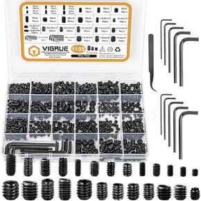 VIGRUE 1105PCS 25 Sizes Metric & SAE Set Screw Assortment Kit Internal Hex Drive Allen Grub Screws Set Cup-Point Alloy Steel, M3 to M8 and 1/8-40 to 5/16-18