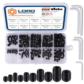 200Pcs Allen Head Socket Hex Set Screw Bolts Assortment Grub Screws Kit Metric M3 M4 M5 M6 M8 w/Internal Hex Drive, Stainless Steel