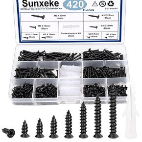 420PCS Black M3 Flat Head Short Wood Screws Assortment Fasteners Kit,Carbon Steel Phillips Head Self-Tapping Screws Drywall Nail with M6 Screw Anchors (20pcs)