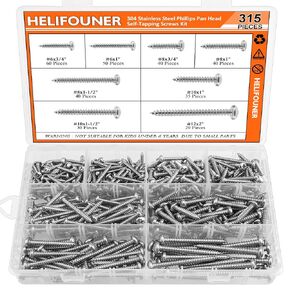 540 Pieces #4#6#8#10#12 Wood Screws Set, HELIFOUNER 18 Sizes Phillips Pan Head Self-Tapping Screws Assortment Kit, Phillips Pan Head Wood Screws, 304 Stainless Steel