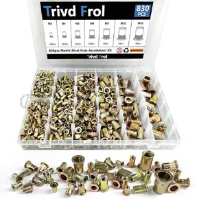 Rivet Nut Tool Kit, 830pcs SAE/Metric Rivet Nut Assortment Kit #6-32, 8-32, 10-24, 1/4-20, 5/16-18, 3/8-16, 1/2-13, w Galvanized Carbon Steel Flat Head Threaded Insert Nuts (SAE - 830pcs)