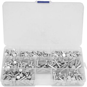 Solid Rivet Kit M4 Flat Head, 350Pcs Aluminum Rivets Assortment Kit, Multiple Aluminum Rivets Length 4/6/8/10/12/16/20mm, Solid Rivets Assortment Kit with Plastic Box