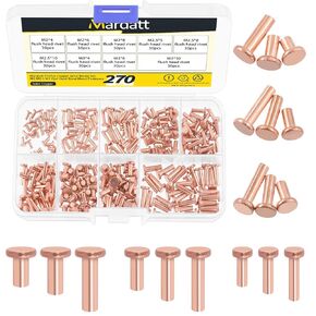 270Pcs Flat Head Copper Solid Rivets Kit, M2 M2.5 M3 Solid Copper Rivets Fasteners, Flat Head Rivets Solid Copper Rivets for Electrical Applications, Leather Working Supplies
