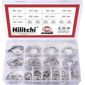 Hilitchi 200-Pcs [15-Size] Internal Circlip Snap Retaining Clip Ring Assortment Set - 304 Stainless Steel