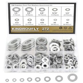 800 Pieces 304 Stainless Steel Flat Washers, Fender Washers, Kindroufly 7 Sizes Stainless Steel Washers, Lock Metal Washers Assortment Kit (M3 M4 M5 M6 M8 M10 M12)