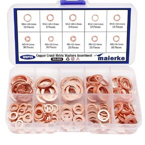 188PCS 9 Sizes Metric Copper Crush Washers Assortment Kit Flat Ring Sealing Washer M5 M6 M8 M10 M12 M14