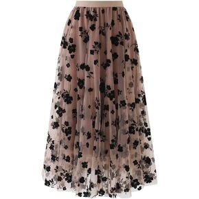CHICWISH Women's 3D Posy Double-Layered Mesh Midi Skirt