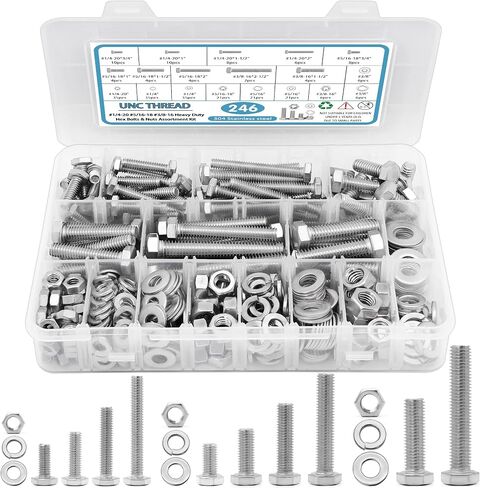 246PCS Hex Head Nuts and Bolts Assortment Kit, Stainless Steel 1/4-20, 5/16-18,3/8-16 Bolts and Nuts Kit, Assorted Nuts and Bolts, Flat & Spring Lock Washers with Case in Saudi Arabia