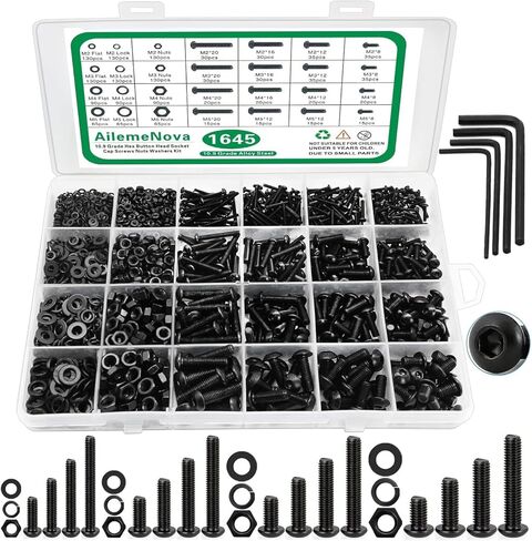 مجموعة متنوعة من البراغي المترية، 1645 قطعة من مسامير الماكينة M2 M3 M4 M5 مع قفل وغسالات مسطحة، براغي رأس سداسية من سبائك الصلب من الدرجة 10.9 وصواميل ومسامير مع حافظة in Kuwait