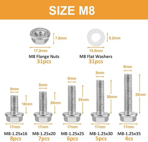 M8-1.25 x 16/20/25/30/35 مم مسامير رأس سداسية ذات حواف، VIGURE 90 قطعة M8 مسامير سداسية شفة مسننة، غسالات صواميل شفة مسننة، الفولاذ المقاوم للصدأ 18-8 (304)، DIN 6921 in Saudi Arabia