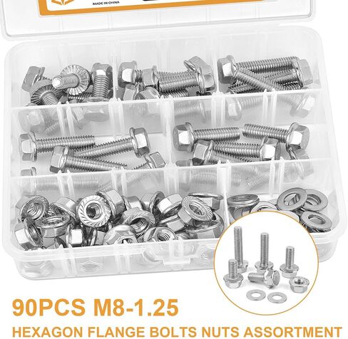 M8-1.25 x 16/20/25/30/35 مم مسامير رأس سداسية ذات حواف، VIGURE 90 قطعة M8 مسامير سداسية شفة مسننة، غسالات صواميل شفة مسننة، الفولاذ المقاوم للصدأ 18-8 (304)، DIN 6921 in Saudi Arabia
