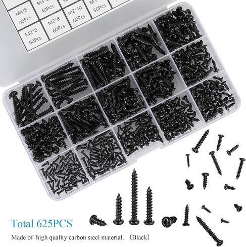 625pcs M2 M3 M4 فيليبس عموم رئيس مسامير الخشب الذاتي التنصت، 14 أحجام الصليب راحة جولة رئيس الذاتي Tapper مسامير مجموعة متنوعة للخشب والبلاستيك والمعادن الناعمة، أسود الكربون الصلب، نقطة حادة in Kuwait